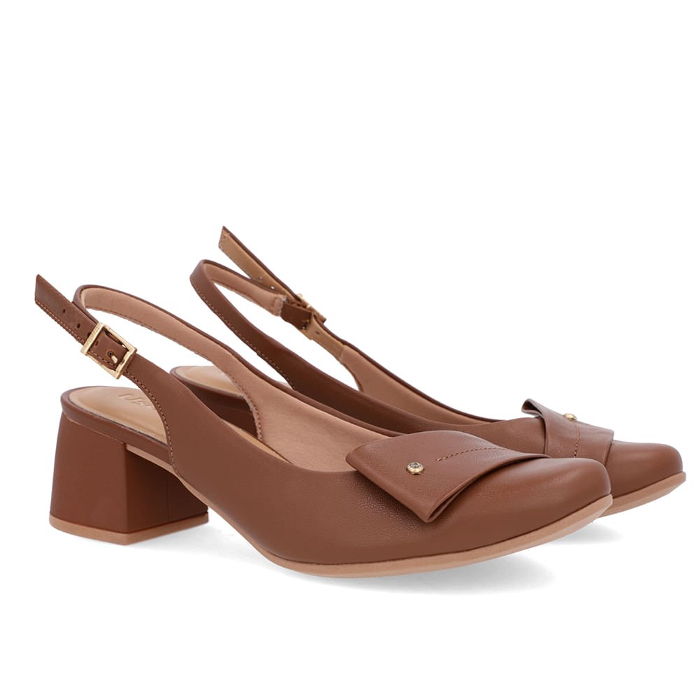 Slingback Marrom Salto Bloco Couro Enfeite Marrom 2