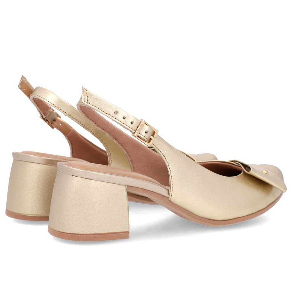 Slingback Dourado Salto Bloco Couro Enfeite Dourado 3