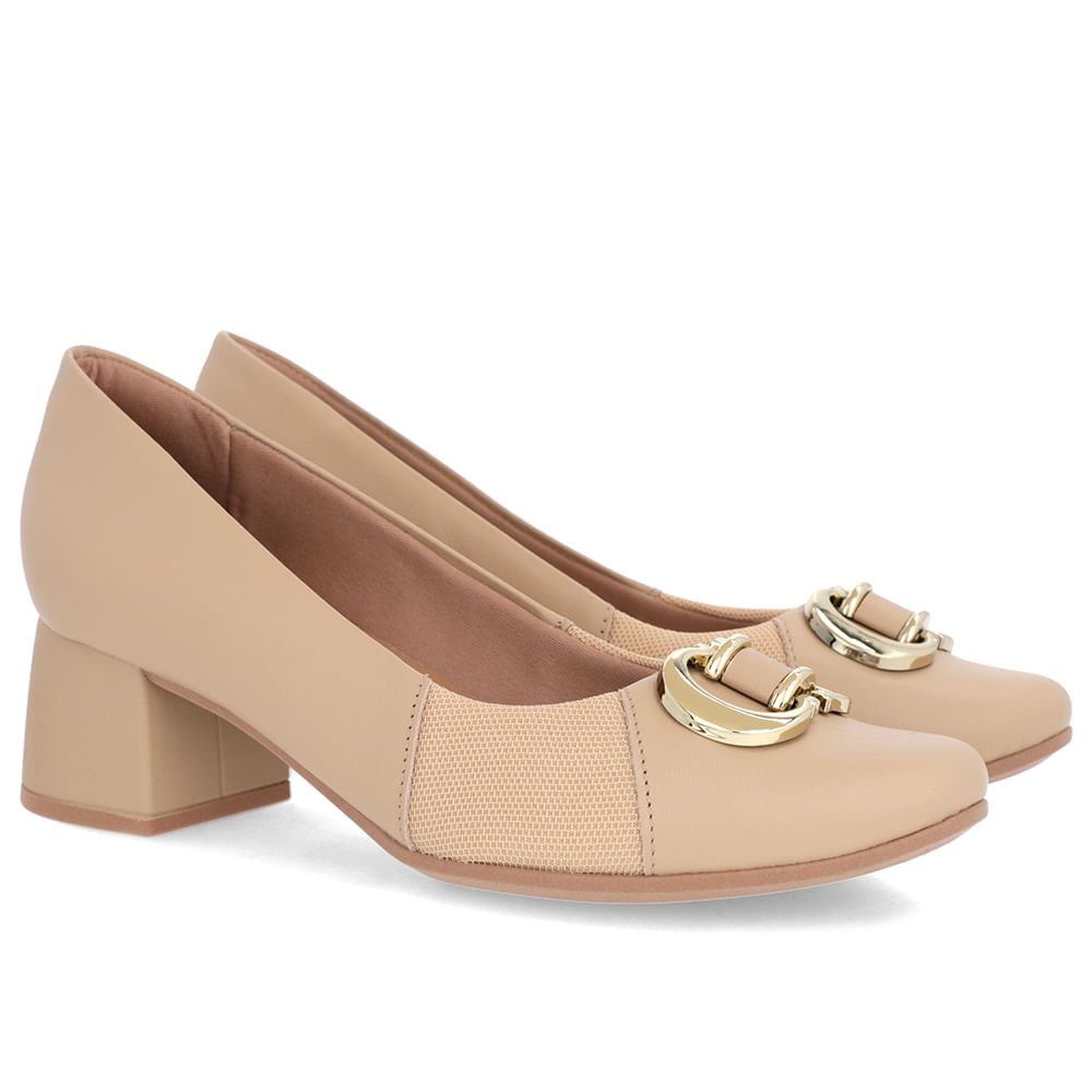 Scarpin Couro Bege Salto Bloco Médio Bege 2