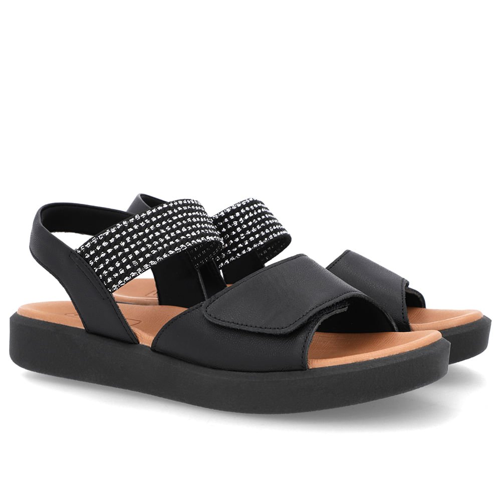 Sandália Plataforma Couro Preta Detalhe Metalizado Preto 2