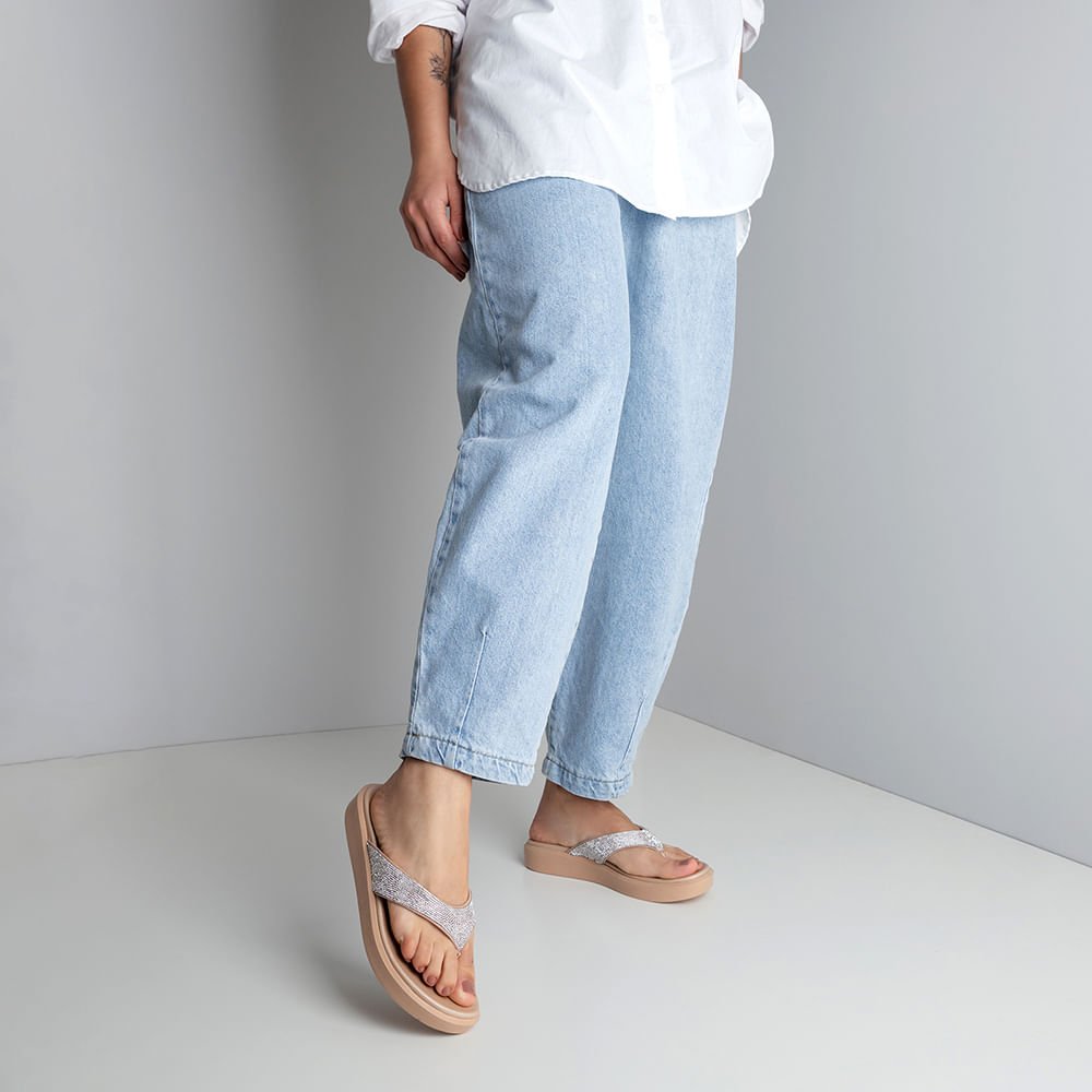 Chinelo Plataforma Couro Bege Brilho Bege 4