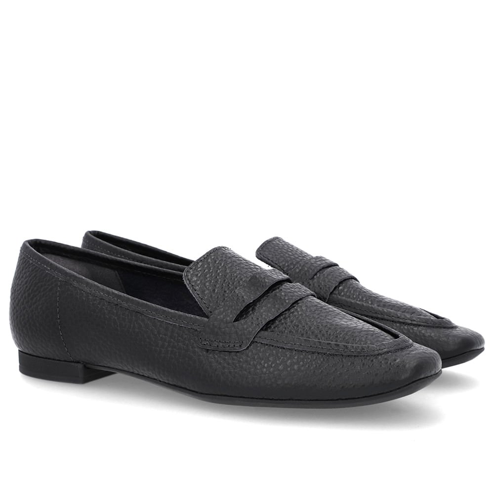 Loafer Preto Salto Bloco Couro Bico Quadrado Preto 2