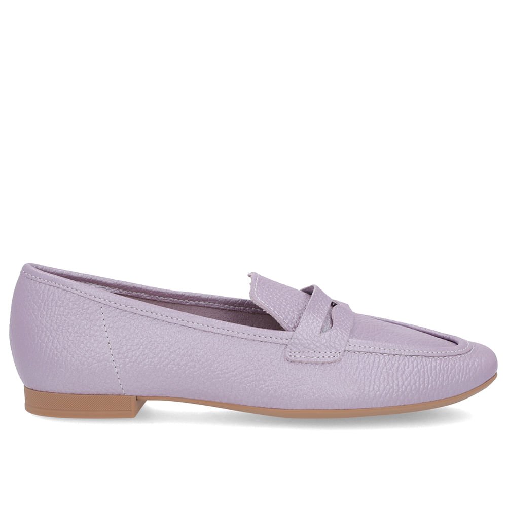 Loafer Lilás Perolado Salto Bloco Couro Bico Quadrado