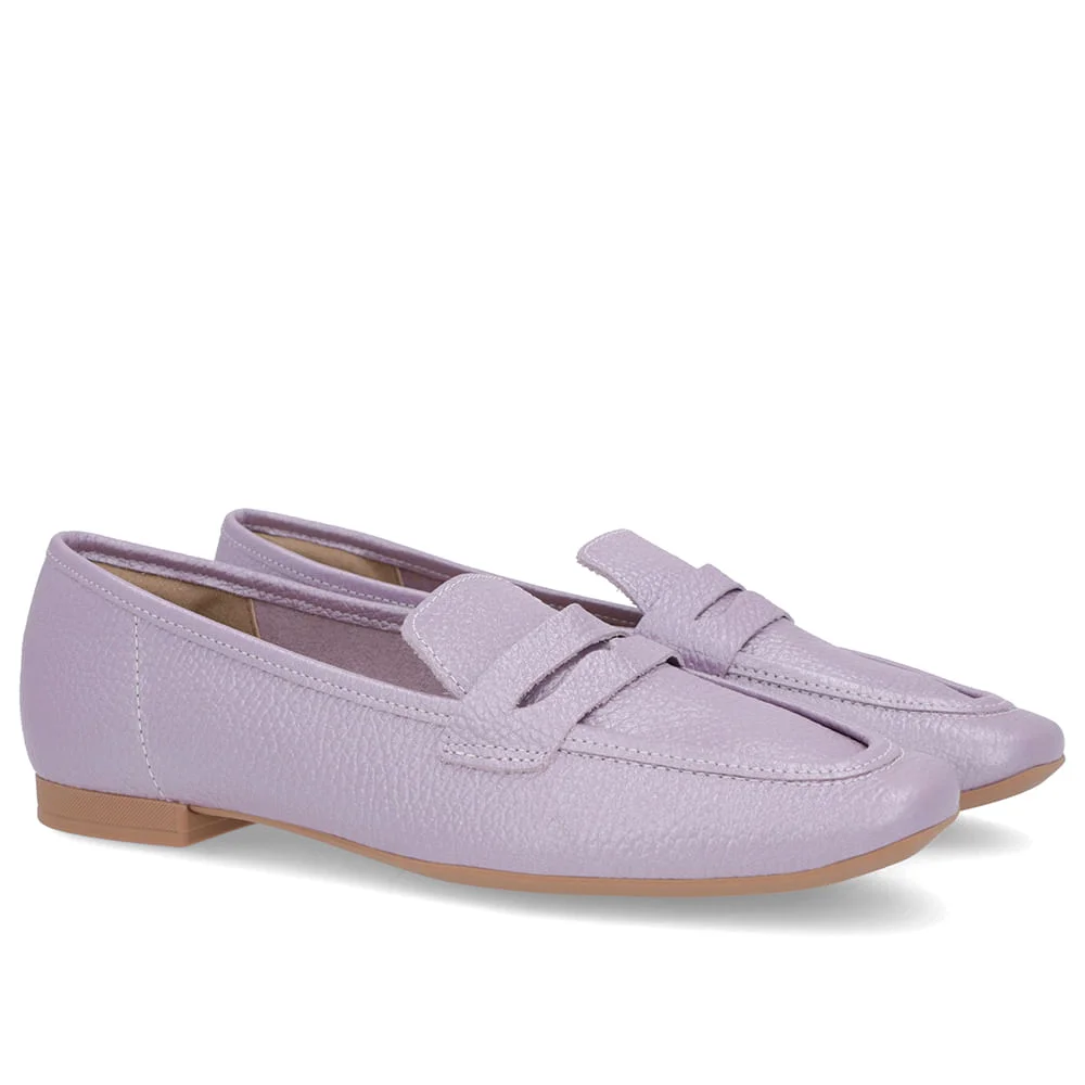 Loafer Lilás Perolado Salto Bloco Couro Bico Quadrado Roxo 2