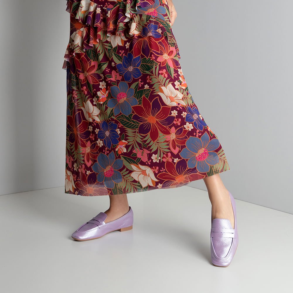 Loafer Lilás Perolado Salto Bloco Couro Bico Quadrado Roxo 4