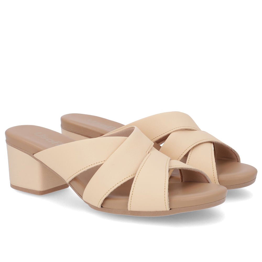 Tamanco Salto Bloco Couro Liso Laranja Bege 2