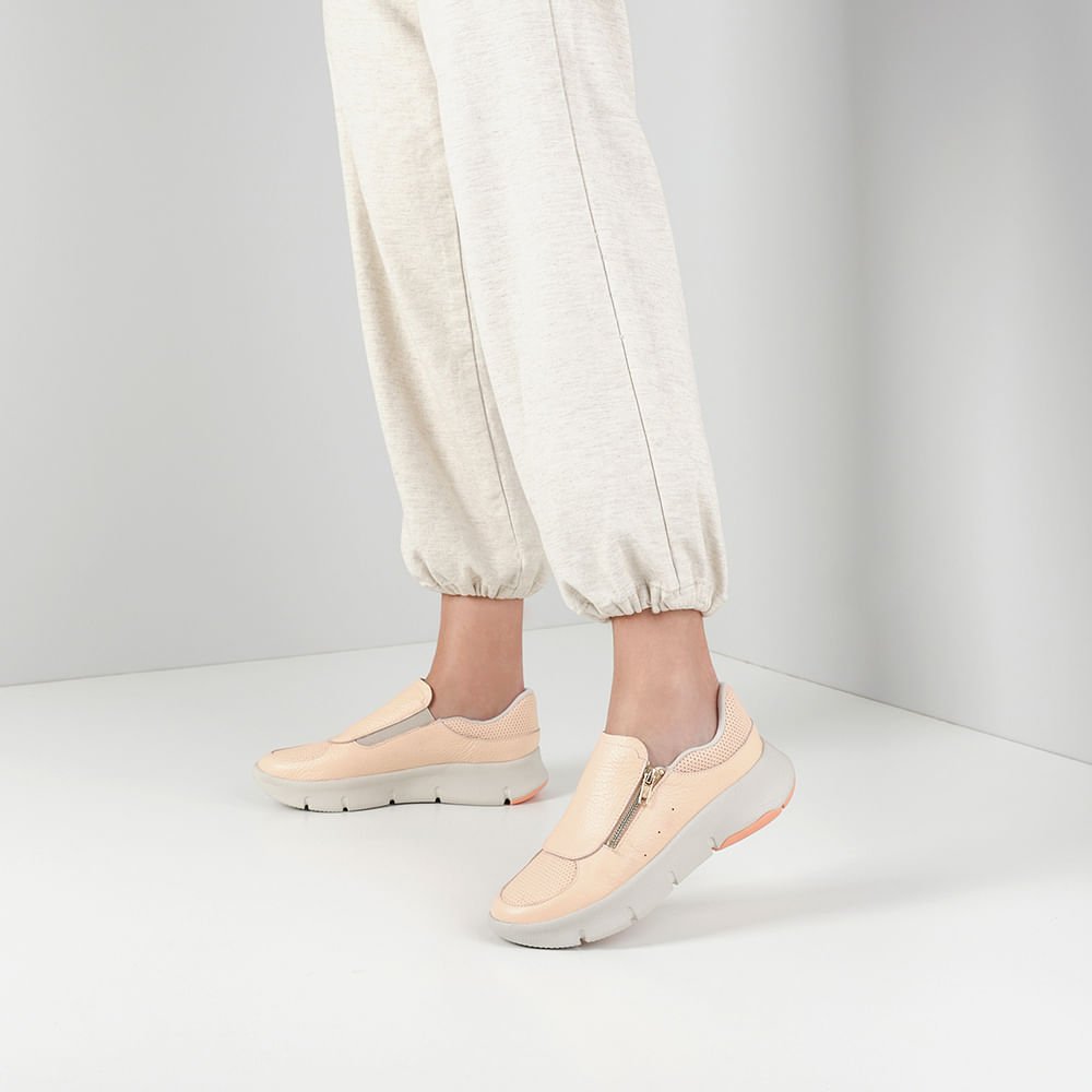 Tênis Zíper Laranja Claro Couro Bege 4