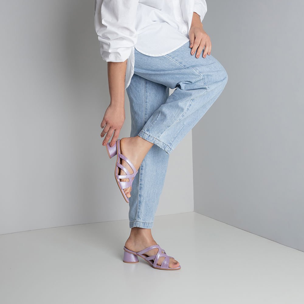 Tamanco Salto Geométrico Couro Lilás Perolado Roxo 4