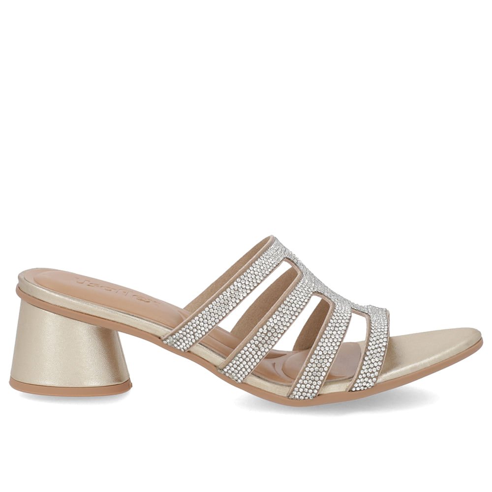 Tamanco Salto Geométrico Couro Dourado Brilho