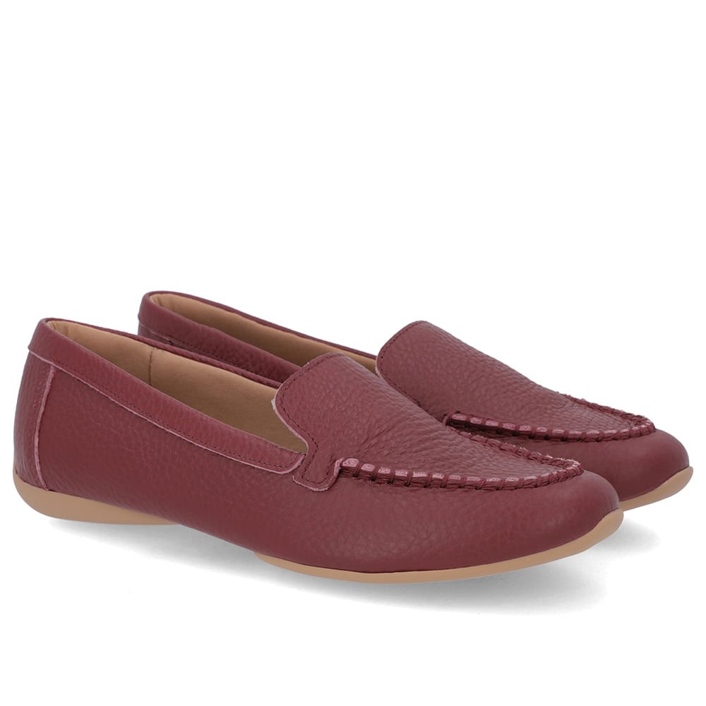 Mocassim Vermelho Couro Bico Redondo Bridão Bordô 2