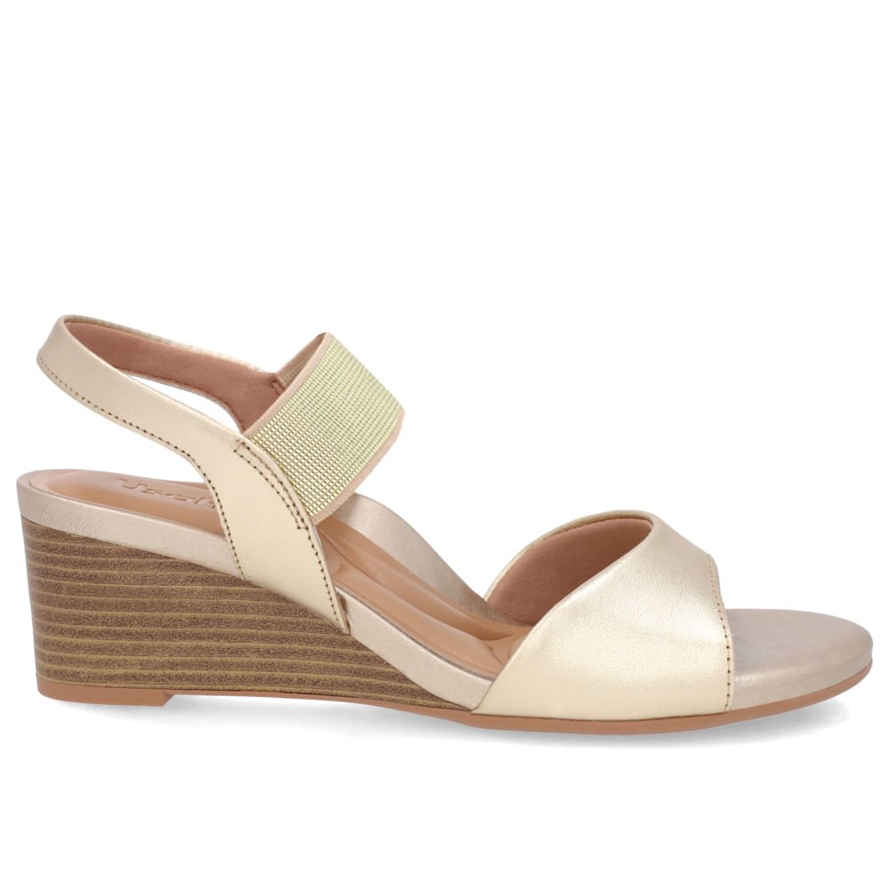 Sandália Salto Anabela Dourada Couro Tira Elástico Dourado 1