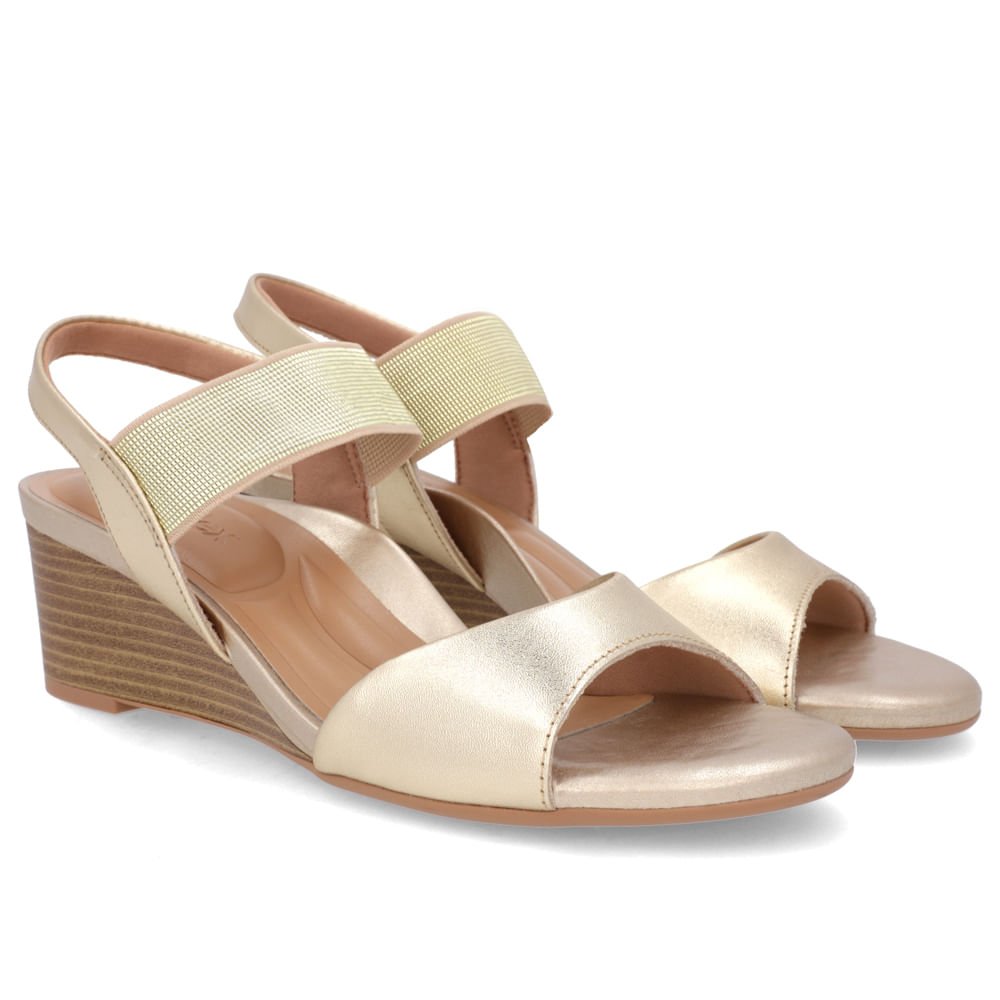 Sandália Salto Anabela Dourada Couro Tira Elástico Dourado 2