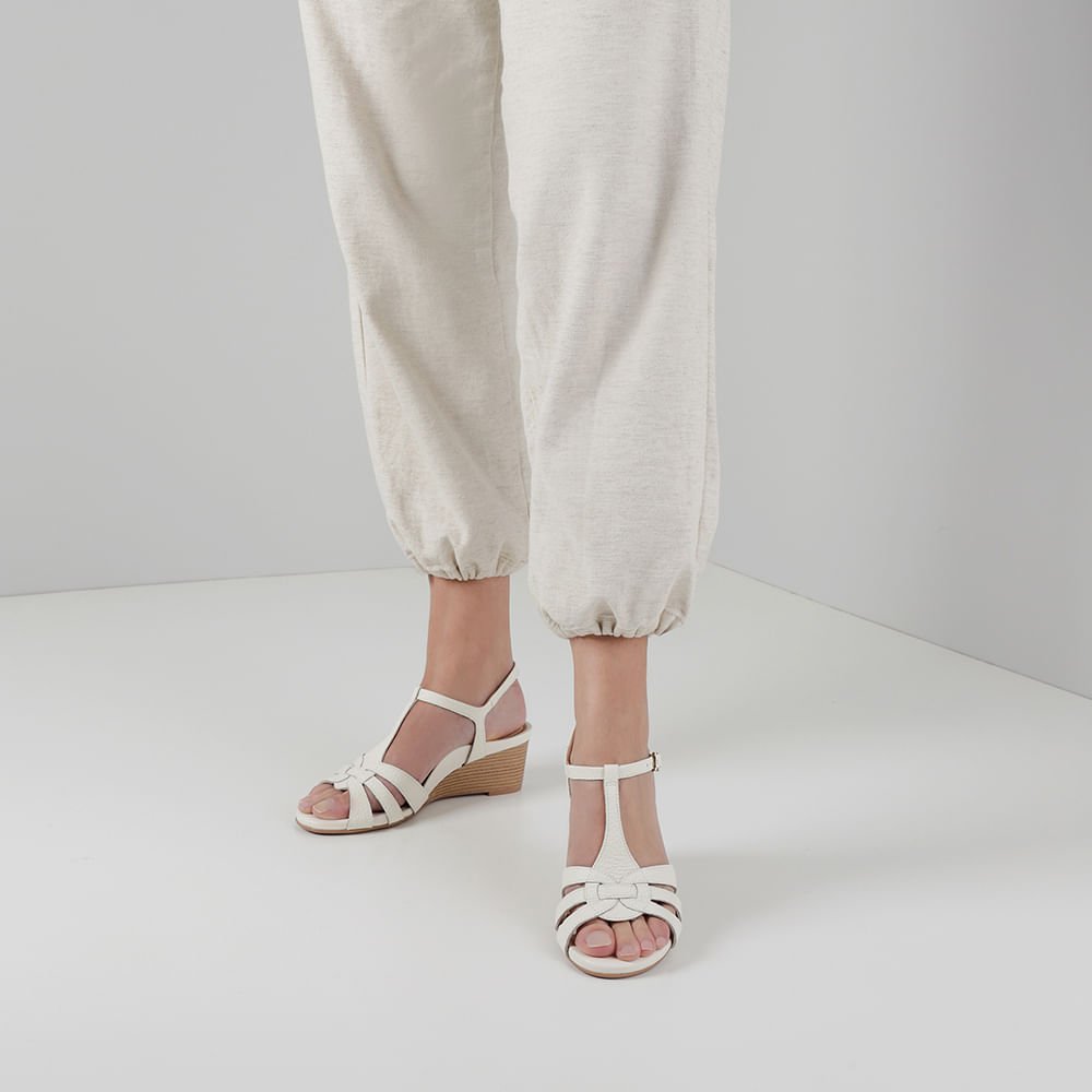 Sandália Salto Anabela Off-White Couro Tira Elástico Branco 4
