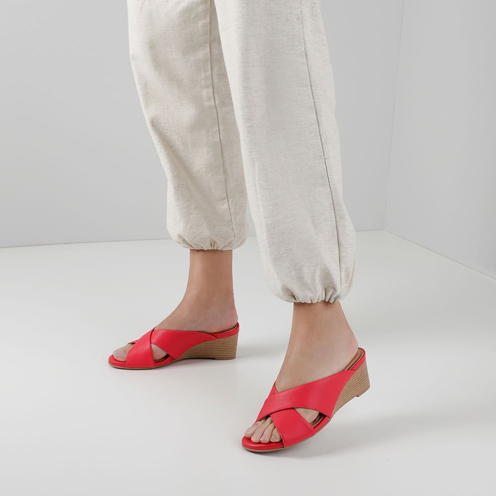 Tamanco Salto Anabela Couro Vermelho Salmão 4