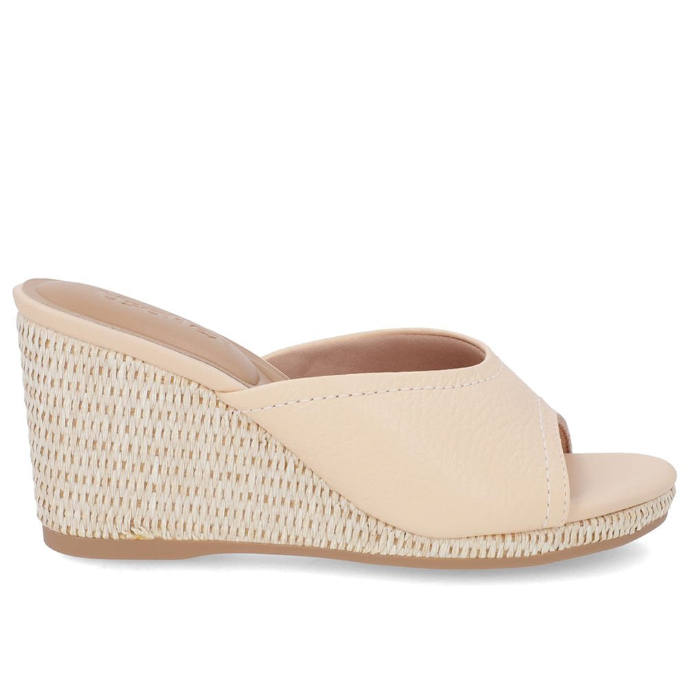 Tamanco Salto Anabela Palha Couro Laranja Claro