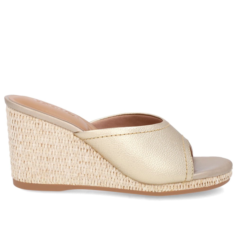 Tamanco Salto Anabela Palha Couro Dourado