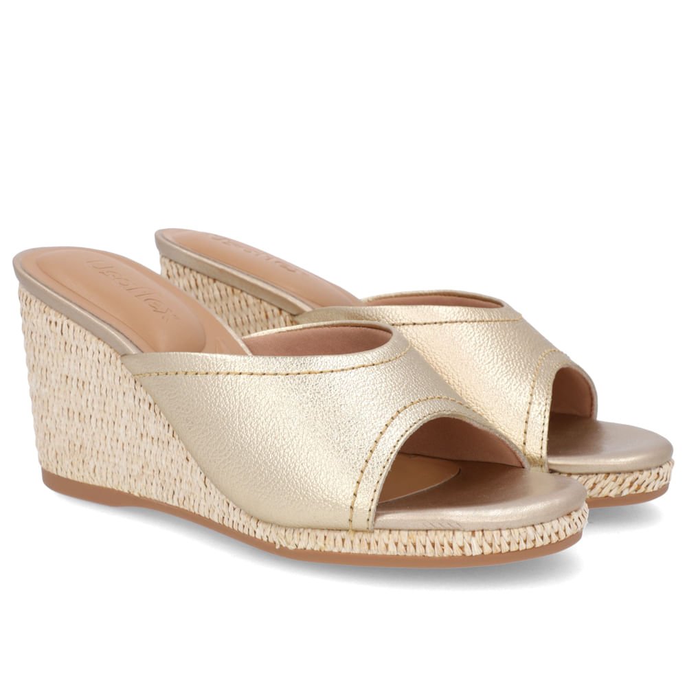 Tamanco Salto Anabela Palha Couro Dourado Dourado 2