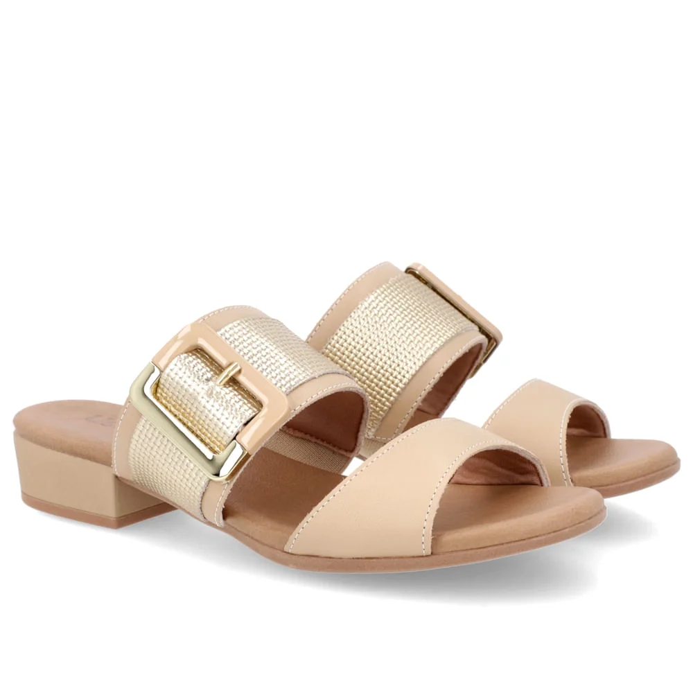 Tamanco Salto Bloco Couro Bege Bege 2