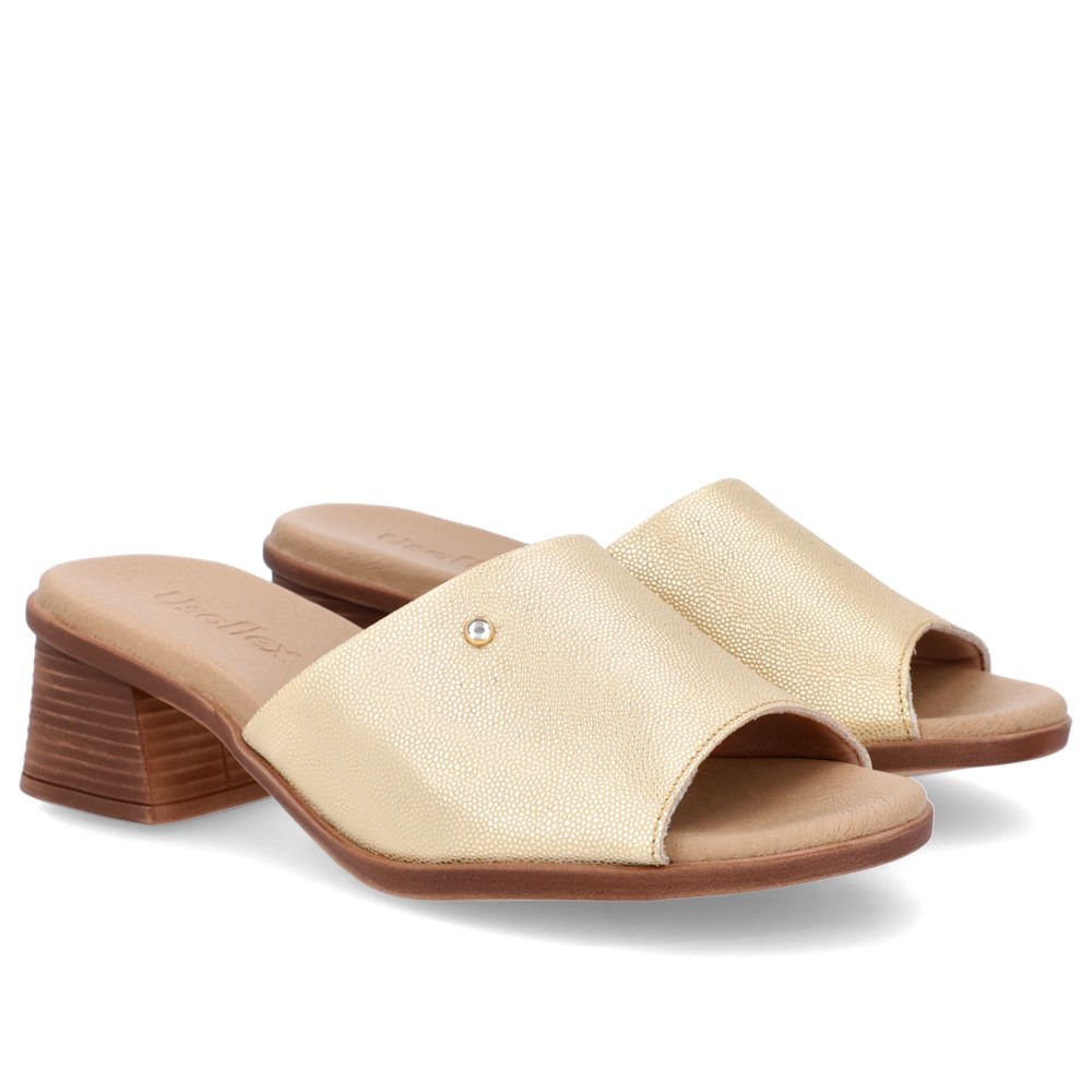 Tamanco Salto Bloco Couro Dourado Strass Dourado 2