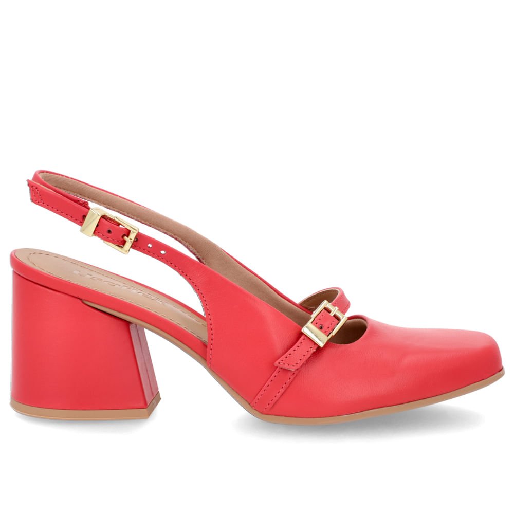 Slingback Vermelho Salto Bloco Couro Detalhe Tira
