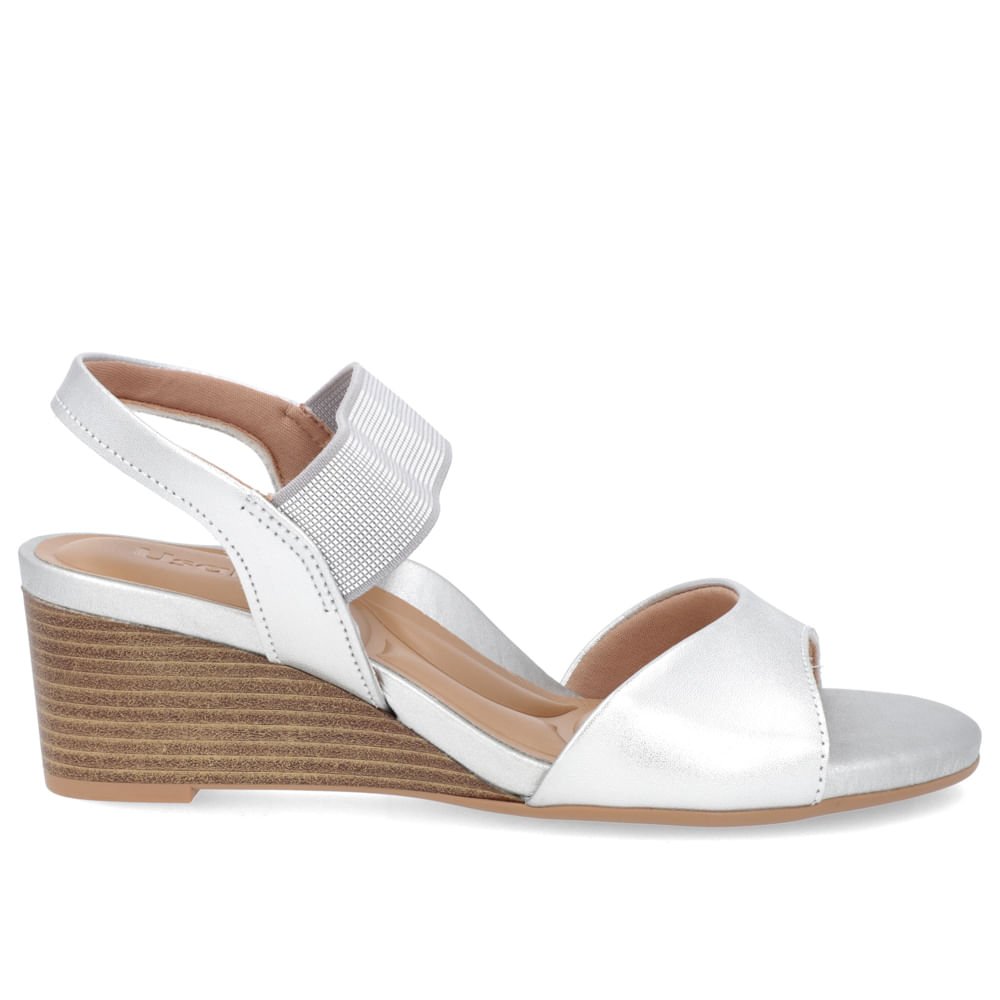 Sandália Salto Anabela Prata Couro Tira Elástico