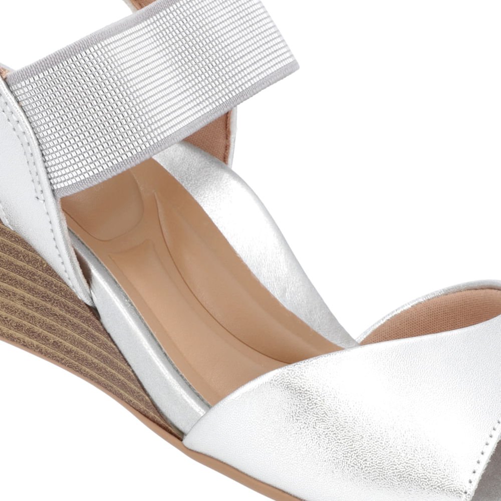 Sandália Salto Anabela Prata Couro Tira Elástico Prata 4