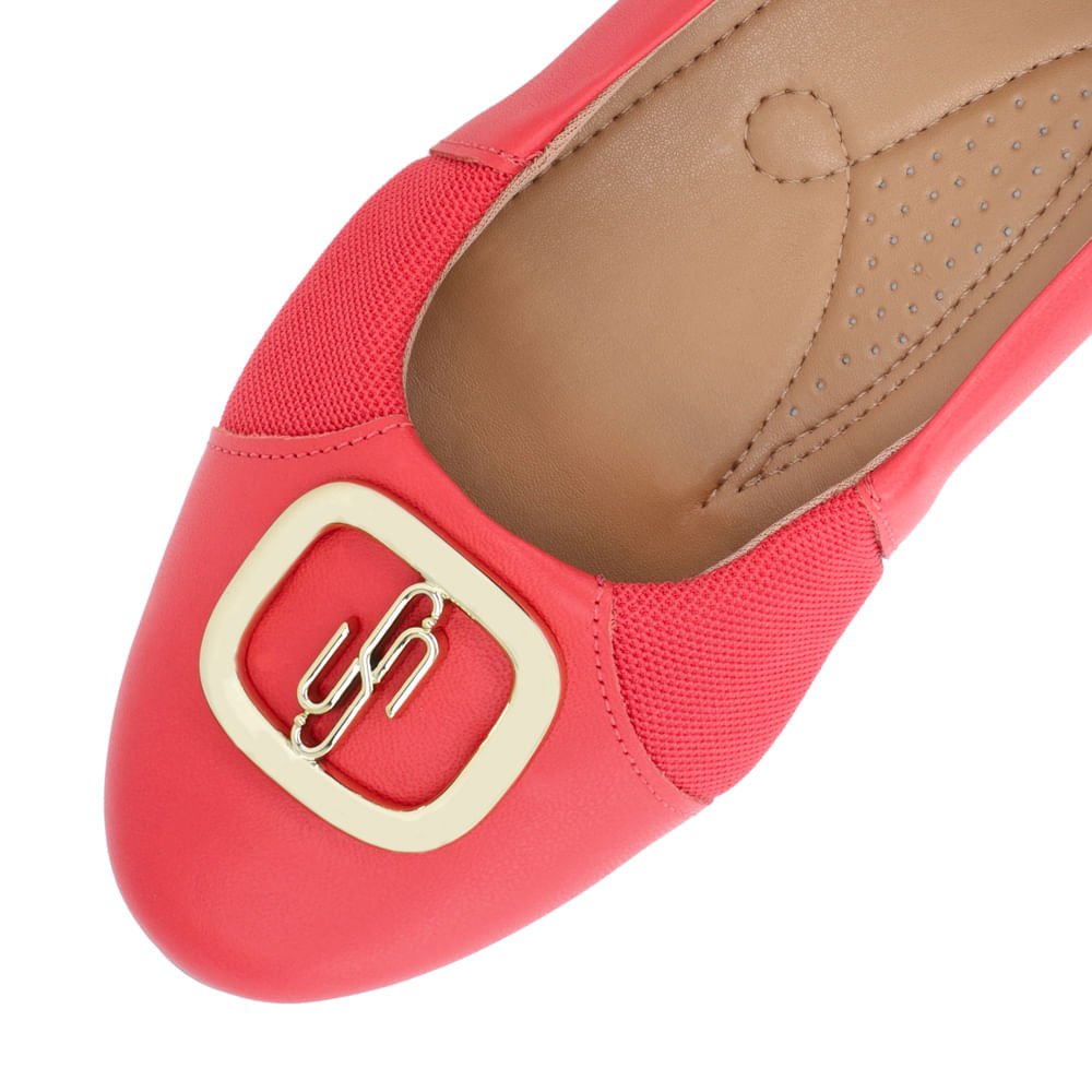 Sapatilha Salto Embutido Couro Vermelha Enfeite Vermelho 4