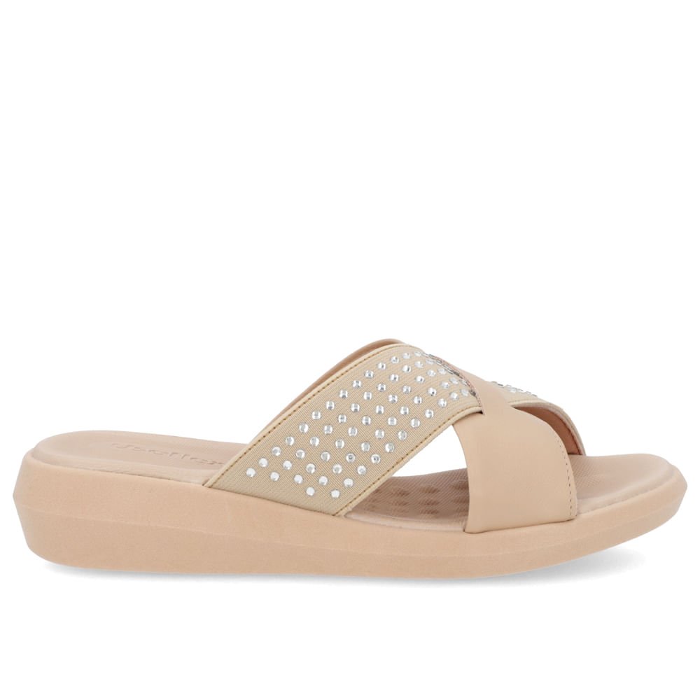 Tamanco Tira Cruzada Couro Bege Brilho