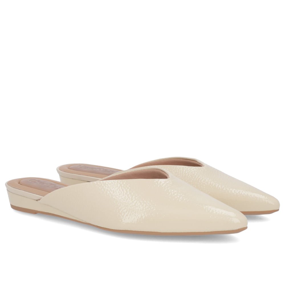 Mule Bege Bico Fino Couro Verniz Salto Anabela Bege 2