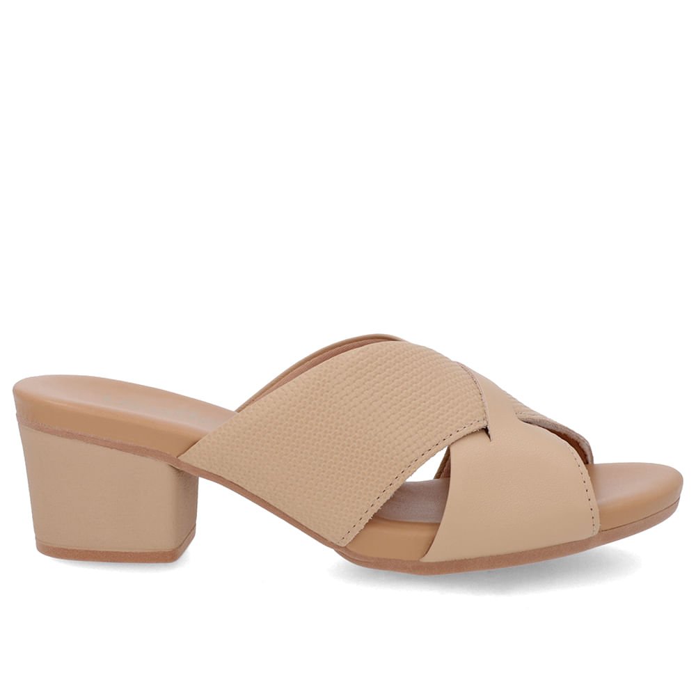 Tamanco Salto Bloco Couro Bege Texturizado