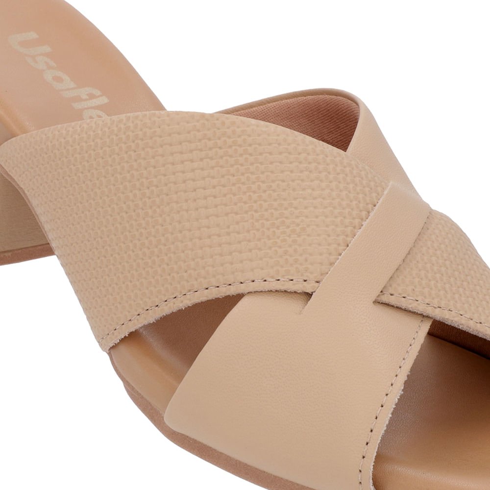 Tamanco Salto Bloco Couro Bege Texturizado Bege 5