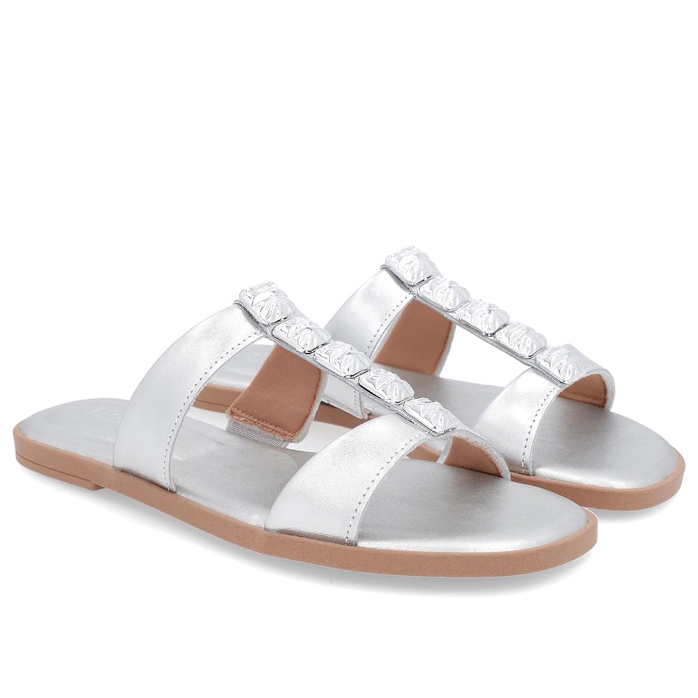 Rasteira Bico Redondo Couro Prata Prata 2