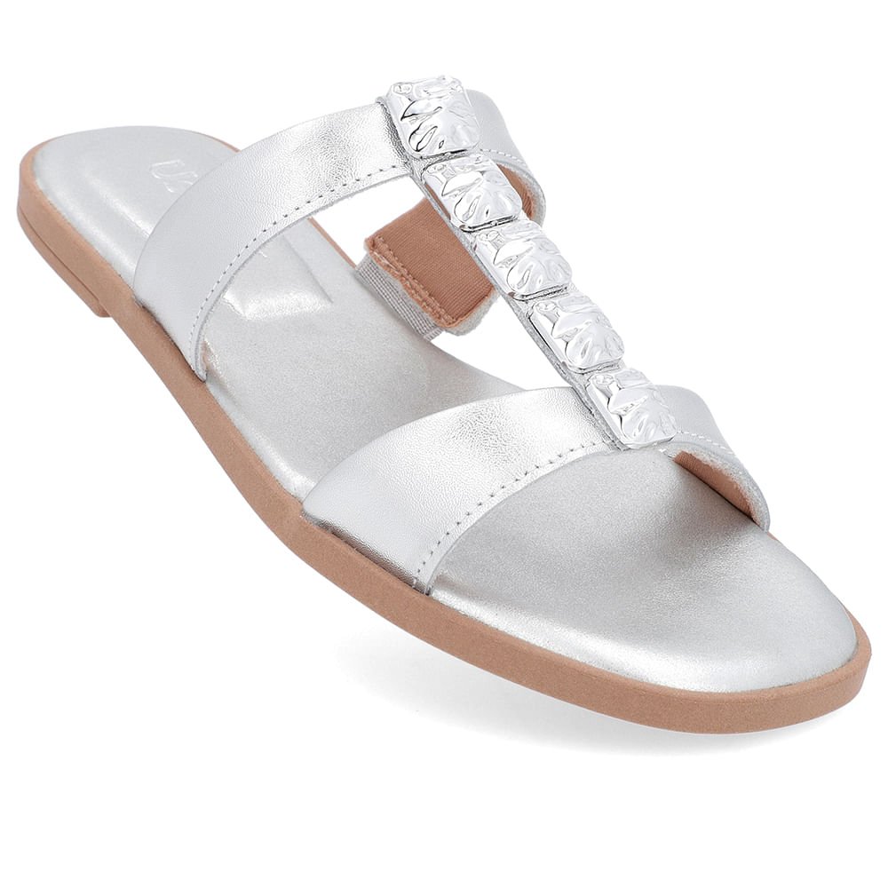 Rasteira Bico Redondo Couro Prata Prata 4