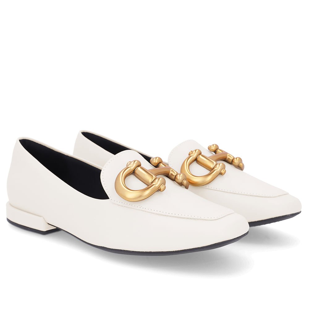 Loafer Off-White Couro Básico Enfeite Escovado Branco 2