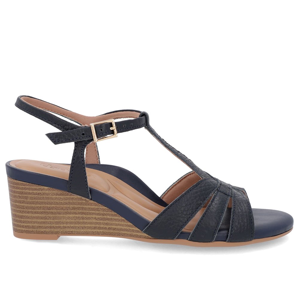 Sandália Salto Anabela Azul Couro Tira Elástico