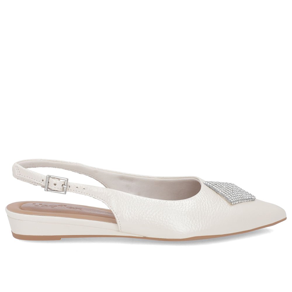 Slingback Off-White Salto Anabela Couro Enfeite Brilho