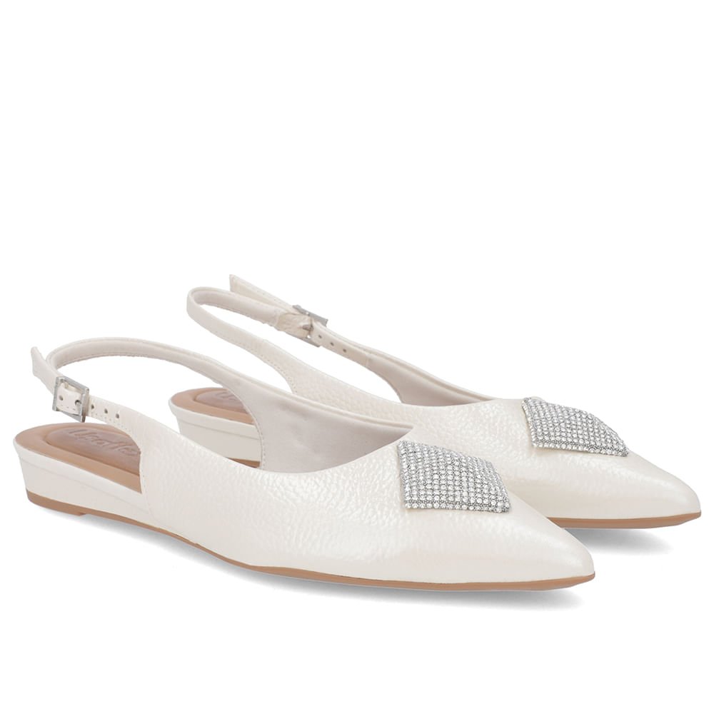 Slingback Off-White Salto Anabela Couro Enfeite Brilho Branco 2