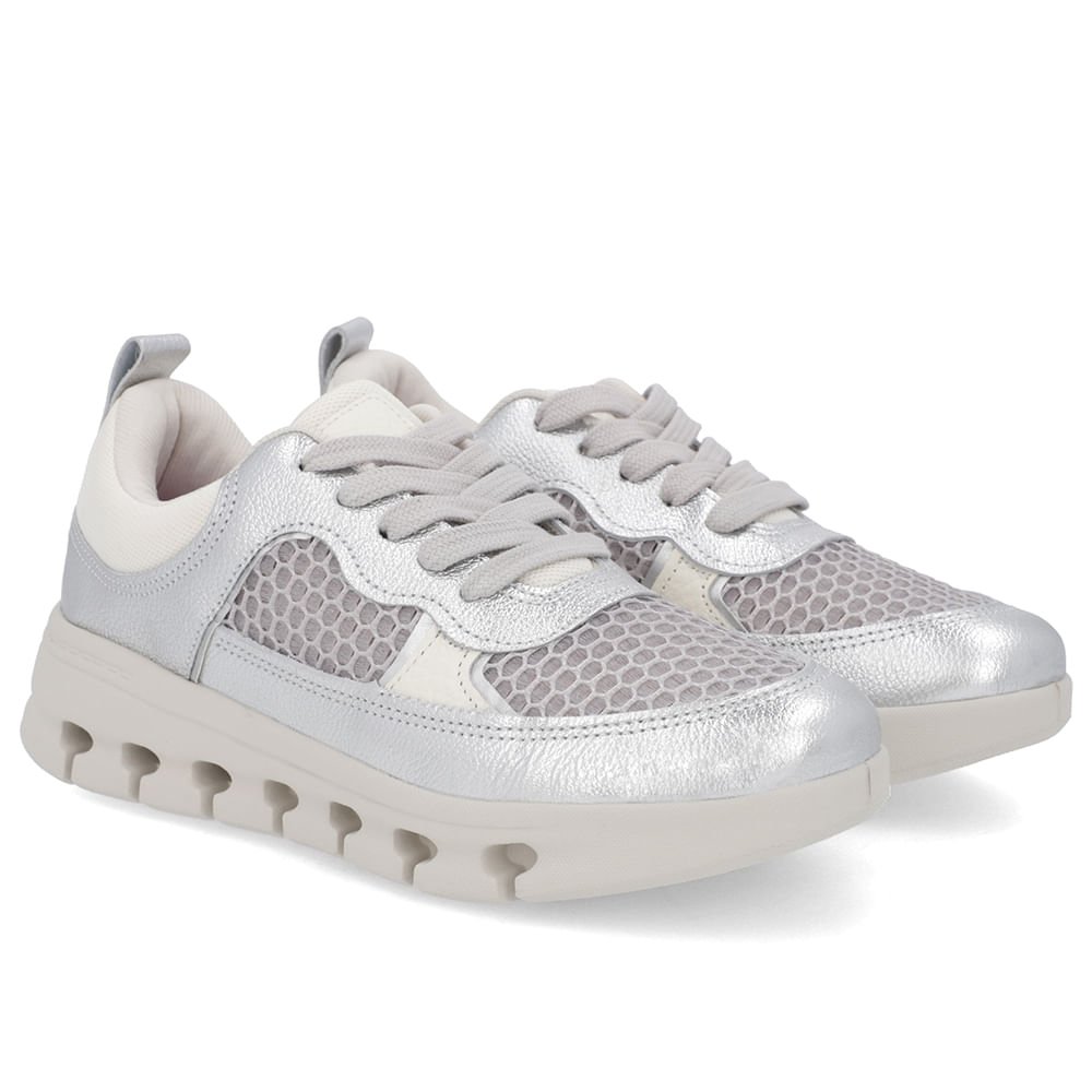 Tênis Casual Prata Couro Detalhe Tecido Prata 2