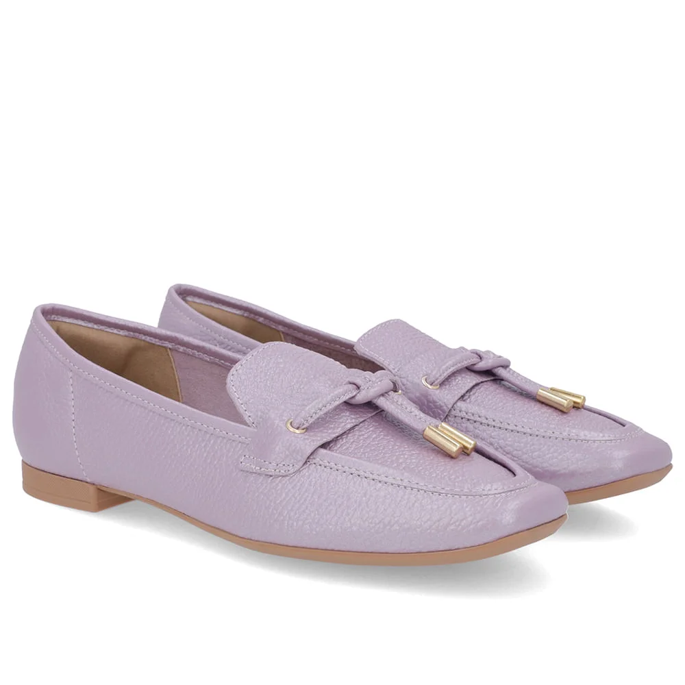 Loafer Lilás Perolado Couro Salto Bloco Clássico Roxo 2