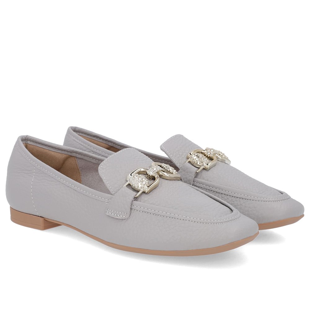 Loafer Cinza Couro Salto Bloco Clássico Bridão Cinza 2