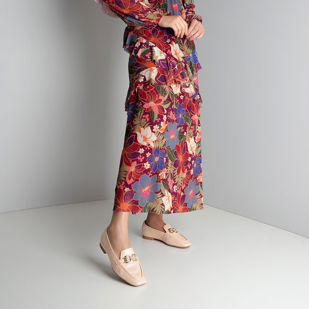 Loafer Laranja Perolado Couro Salto Bloco Clássico Bridão Bege 5