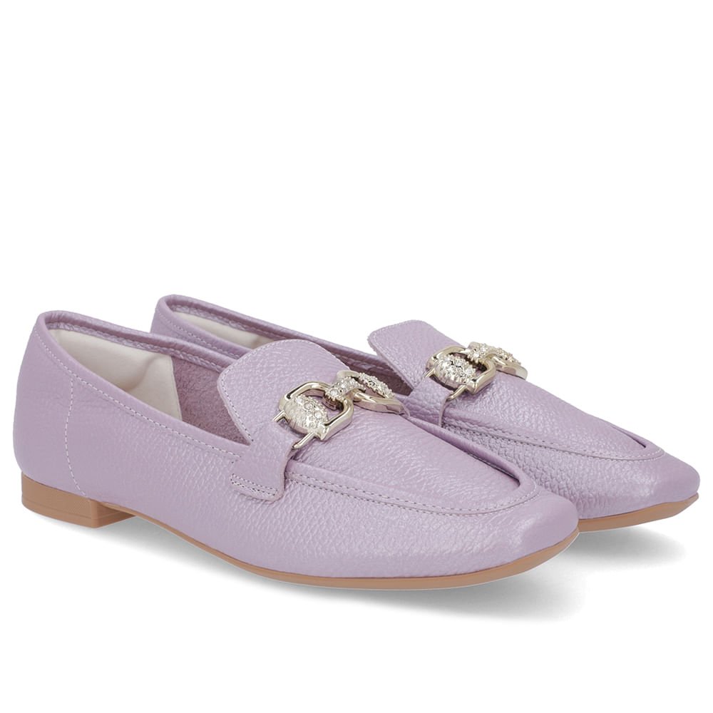 Loafer Lilás Perolado Couro Salto Bloco Clássico Bridão Roxo 2