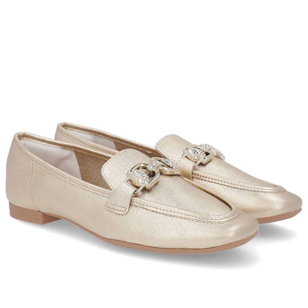 Loafer Dourado Couro Salto Bloco Clássico Bridão Dourado 2