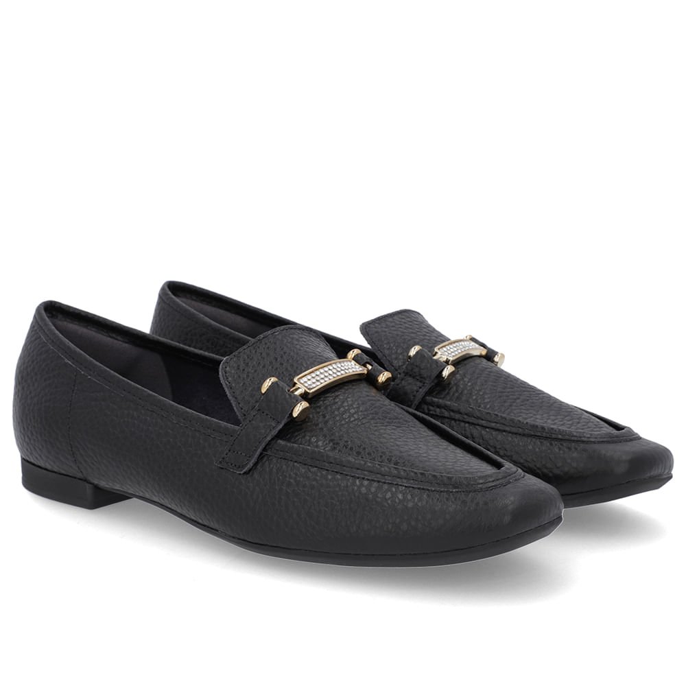 Loafer Preto Couro Strass Preto 2