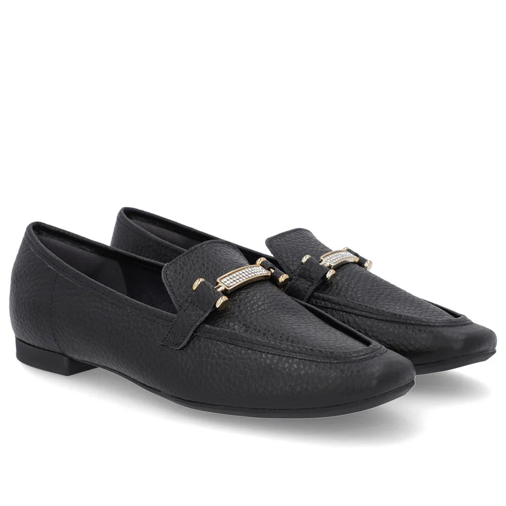 Loafer Preto Couro Strass Preto 2
