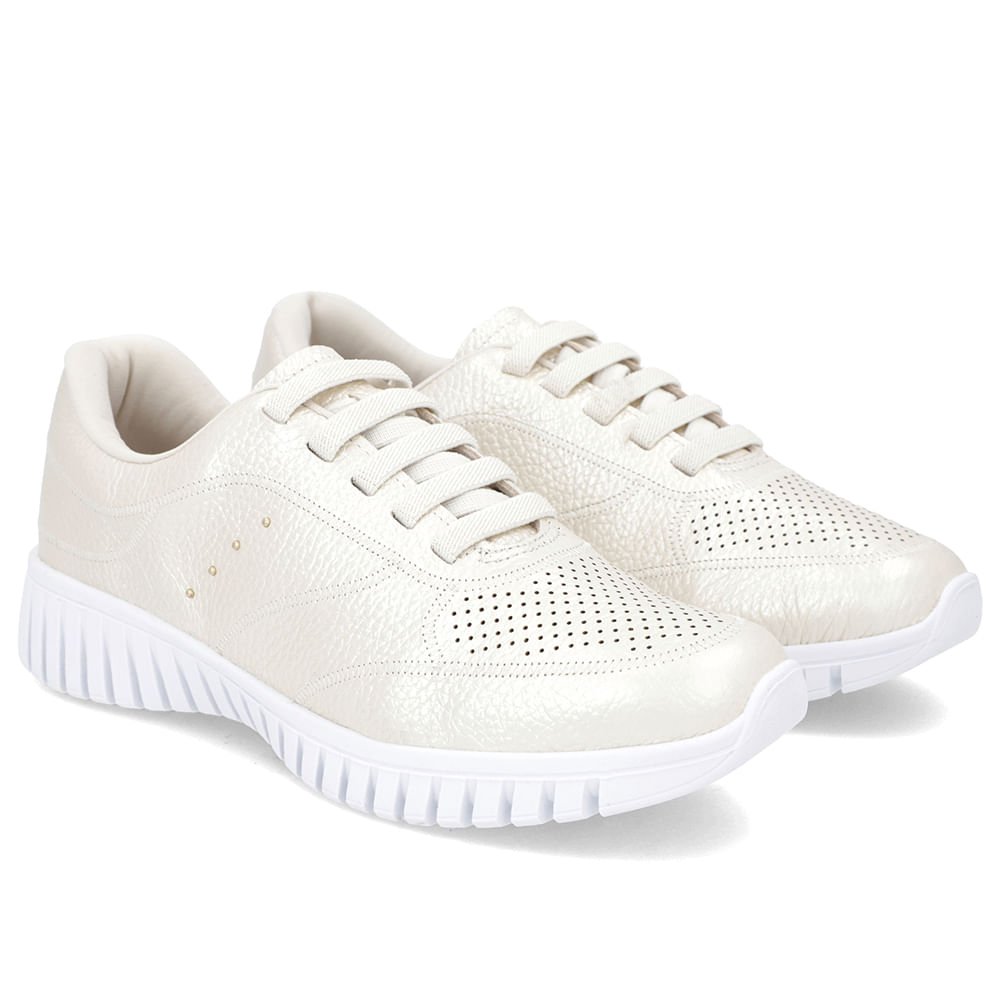 Tênis Casual Off-White Couro Enfeite Rebite Branco 2