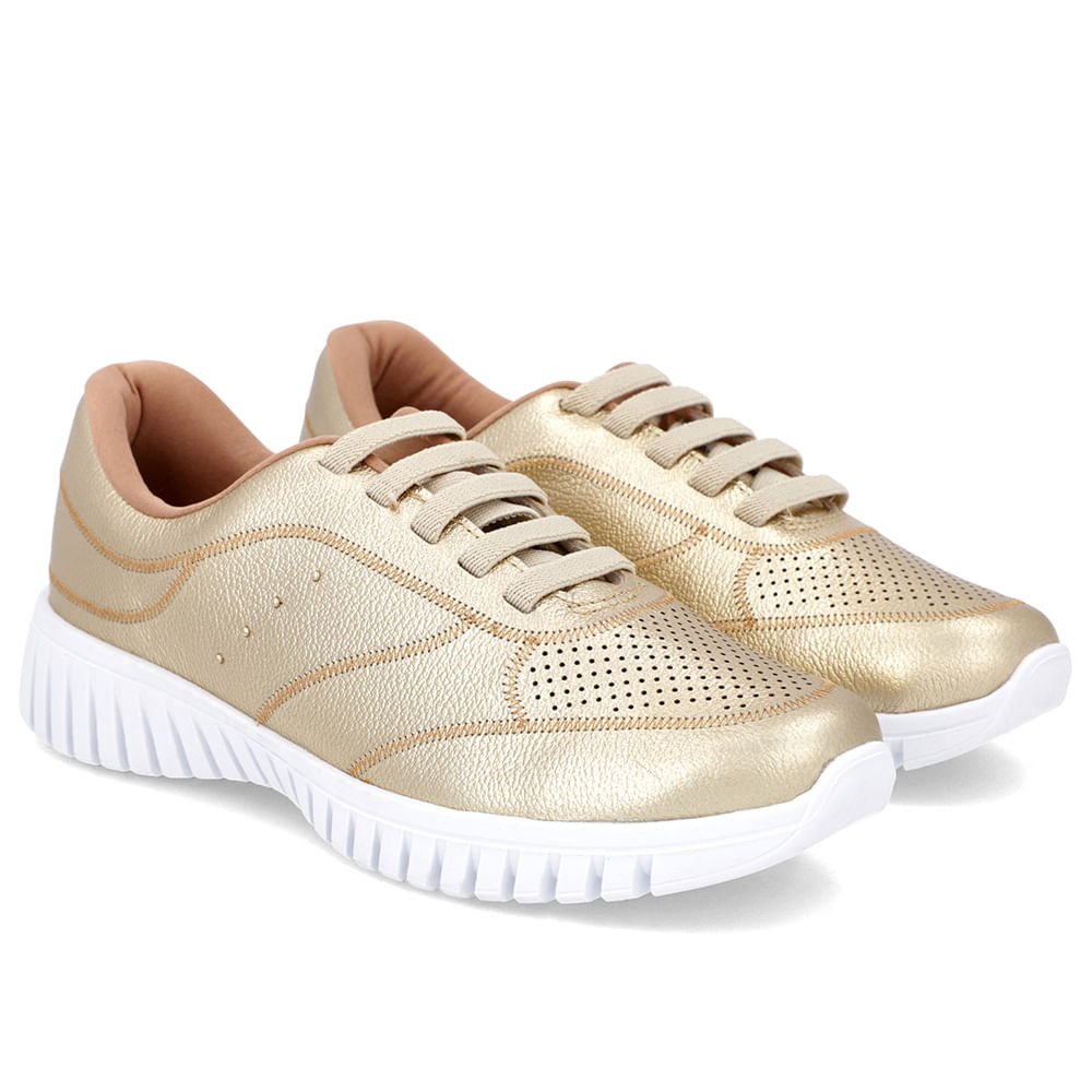Tênis Casual Dourado Couro Enfeite Rebite Dourado 2