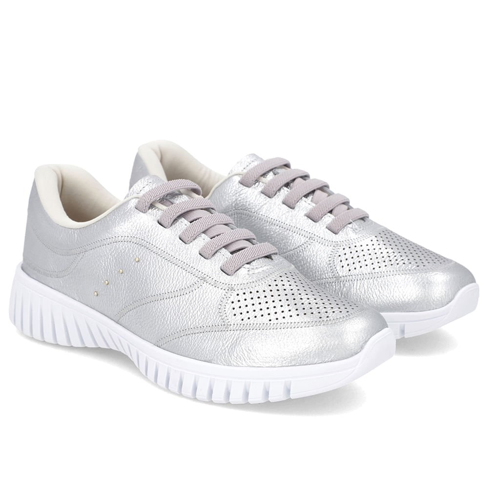 Tênis Casual Prata Couro Enfeite Rebite Prata 2