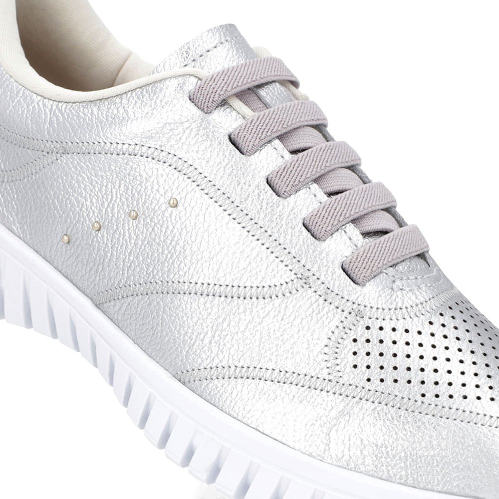 Tênis Casual Prata Couro Enfeite Rebite Prata 4