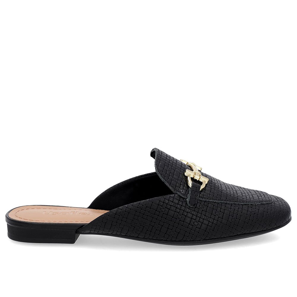 Mule Preto Bico Quadrado Couro Salto Rasteiro Preto 1